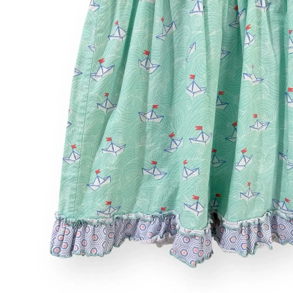 Serendipity Shrimp & Grits Girls 7-8 Dress Blue Green Stripe Sailboat Nautical